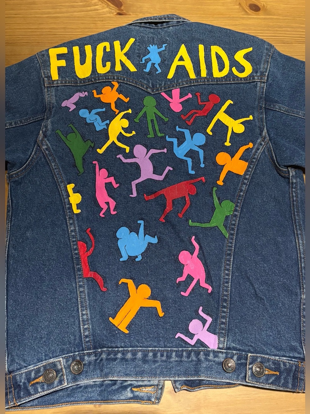 Women’s Denim Jacket with hand painted Figures inspired by Keith Haring